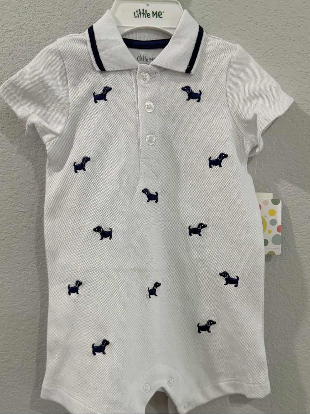 Little Me White Polo Navy Embroidered Dog Cotton Button Romper Hat Set 6 Months